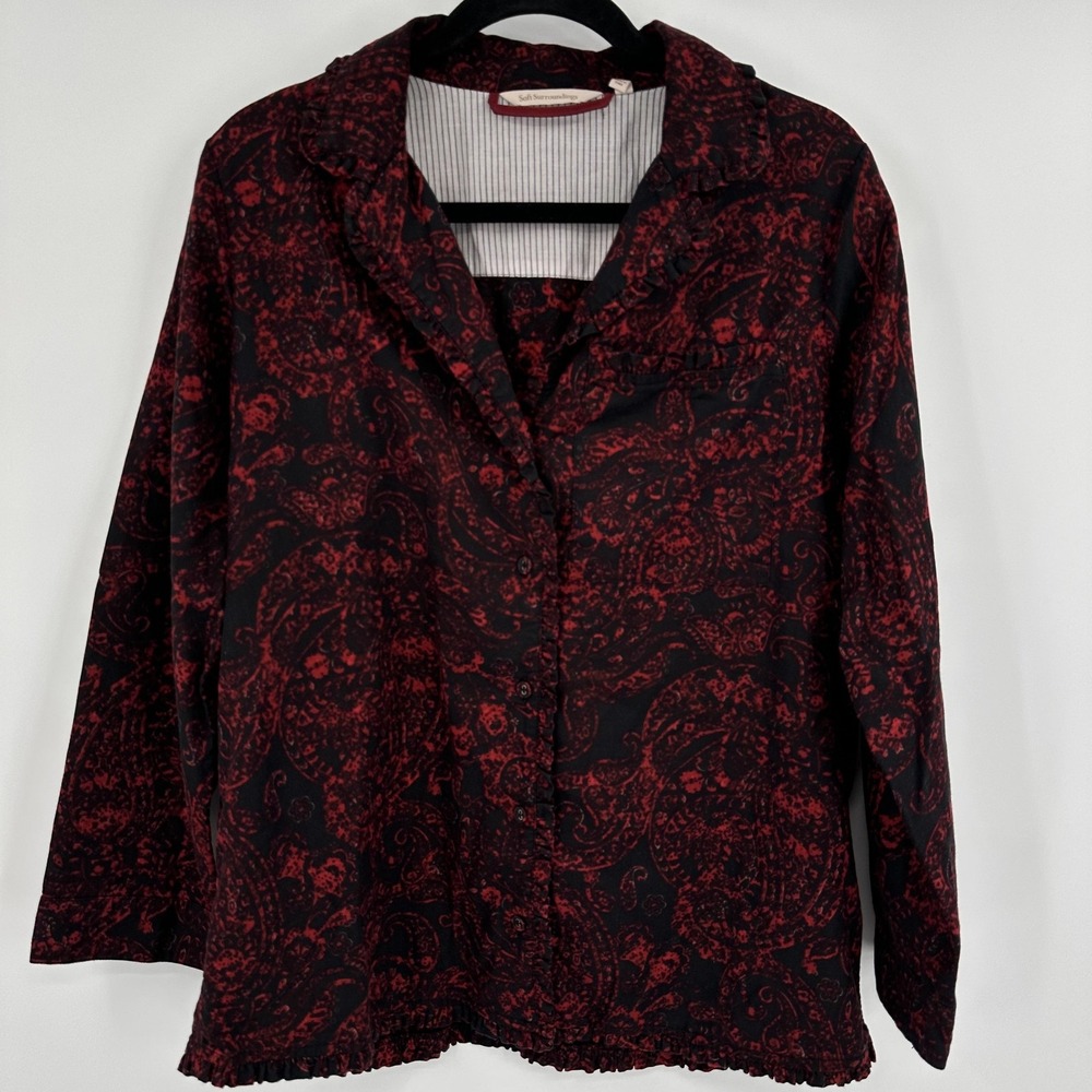 Soft Surroundings Shirt Womens Medium Black Red‎ Paisley Button 2ED79